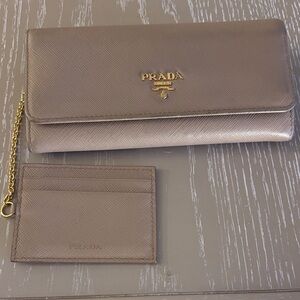Prada Taupe Saffiano Leather Wallet Clutch with Gold Logo